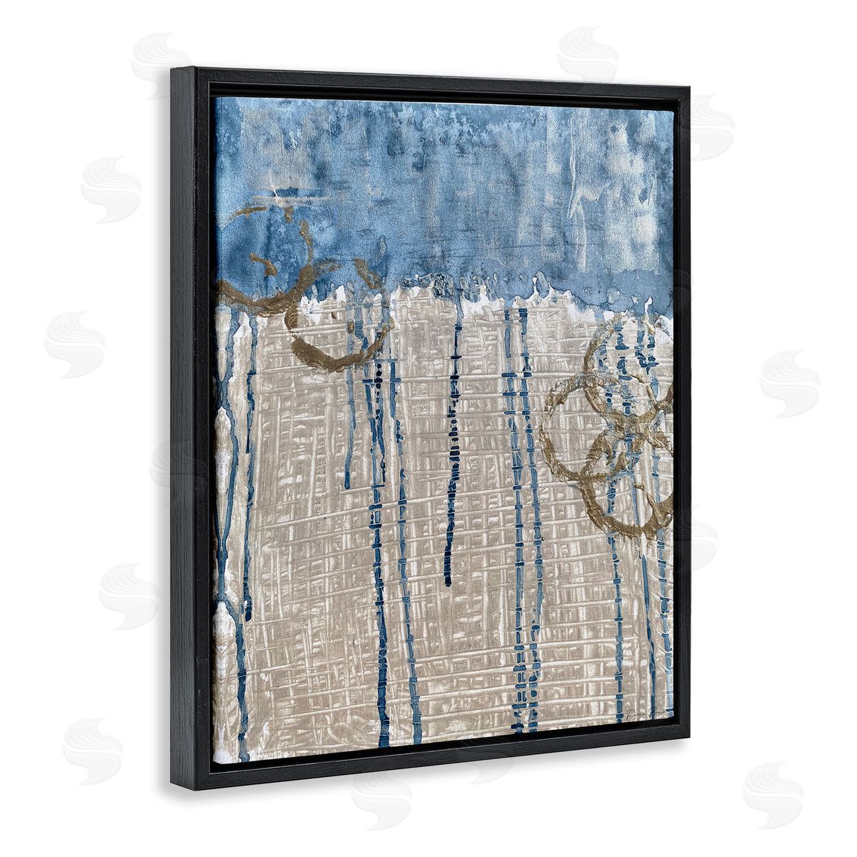 Denise Brown Abstract Blue Dripping over Whicker Style Grid