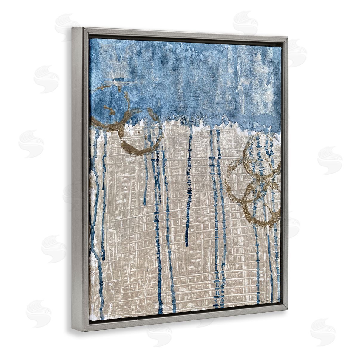 Denise Brown Abstract Blue Dripping over Whicker Style Grid