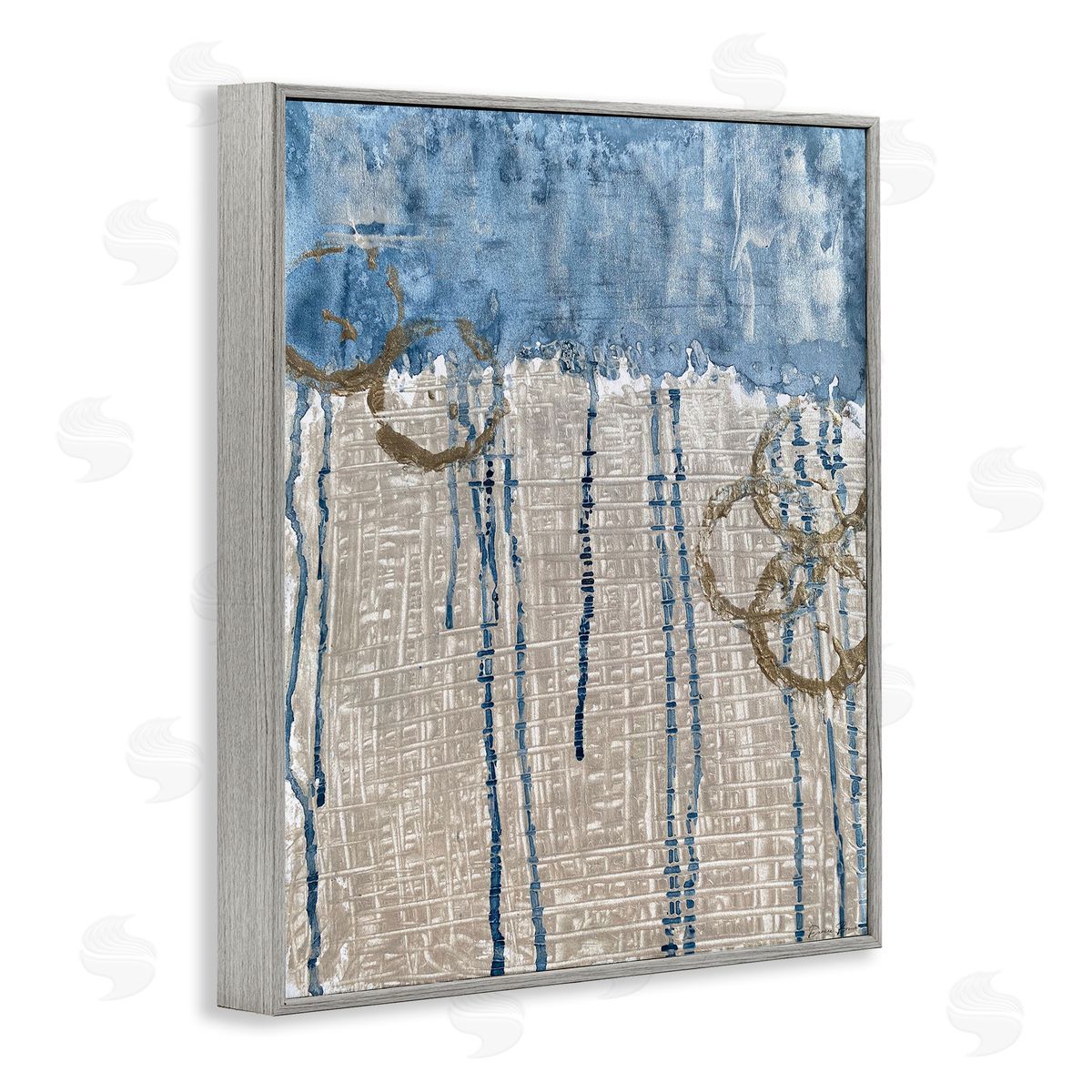Denise Brown Abstract Blue Dripping over Whicker Style Grid