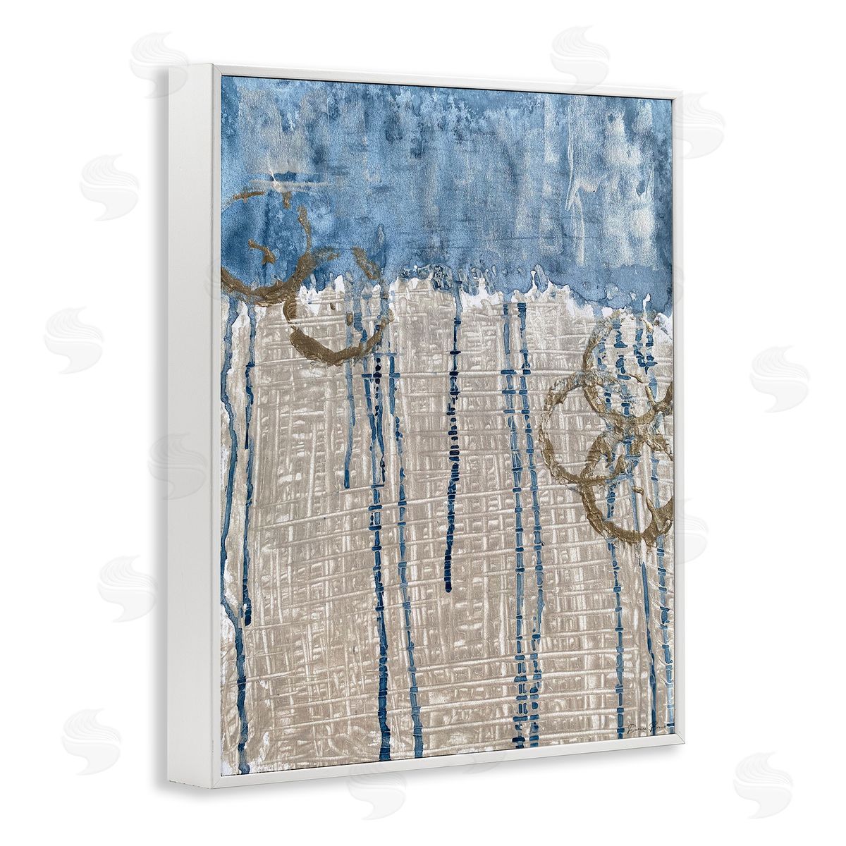 Denise Brown Abstract Blue Dripping over Whicker Style Grid