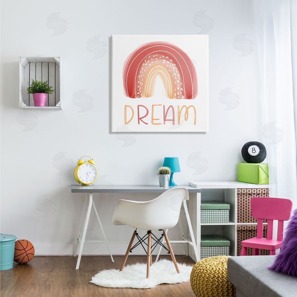 Emily Cromwell Orange Red Dream Rainbow Whimsical Lines Abstract Dots Canvas Wall Art in Room