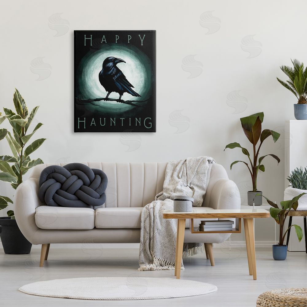 Elizabeth Tyndall Happy Hauntings Phrase Black Crow Perched Festive Halloween