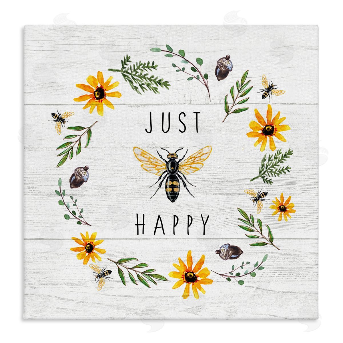 Elizabeth Tyndall Just Bee Happy Pun Phrase Yellow Daisy Wreath Stretched Canvas Wall Art Print