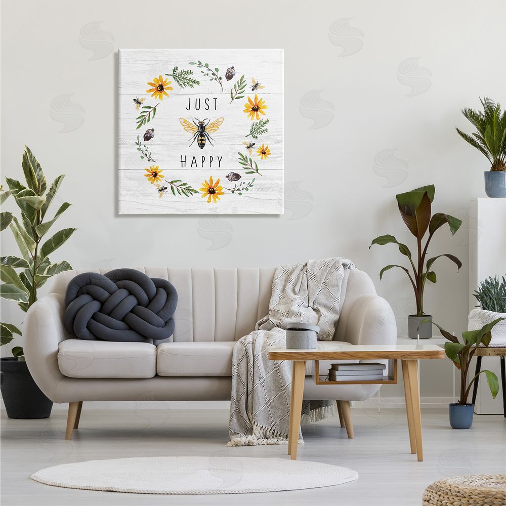 Elizabeth Tyndall Just Bee Happy Pun Phrase Yellow Daisy Wreath Canvas Wall Art in Room
