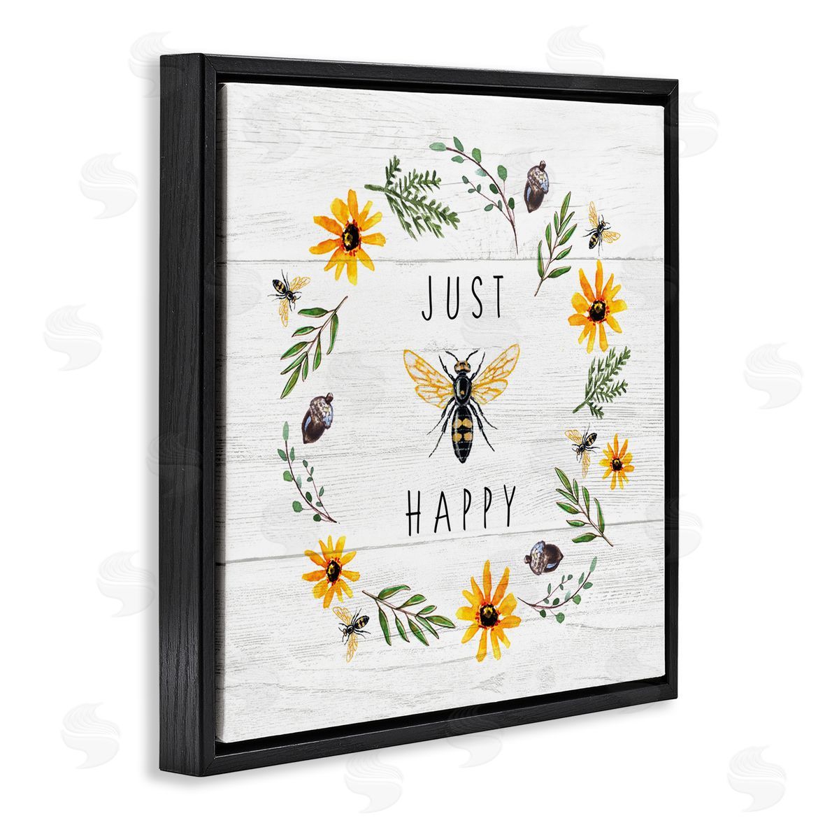 Elizabeth Tyndall Just Bee Happy Pun Phrase Yellow Daisy Wreath Black Floating Frame Canvas Wall Art Print