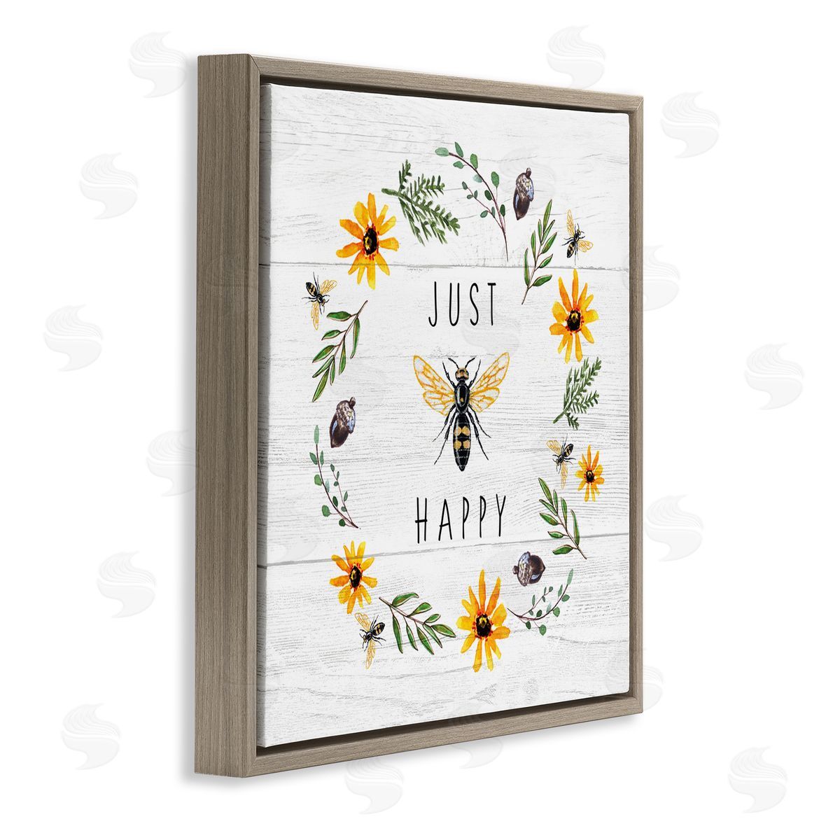 Elizabeth Tyndall Just Bee Happy Pun Phrase Yellow Daisy Wreath Brown Floating Frame Canvas Wall Art Print