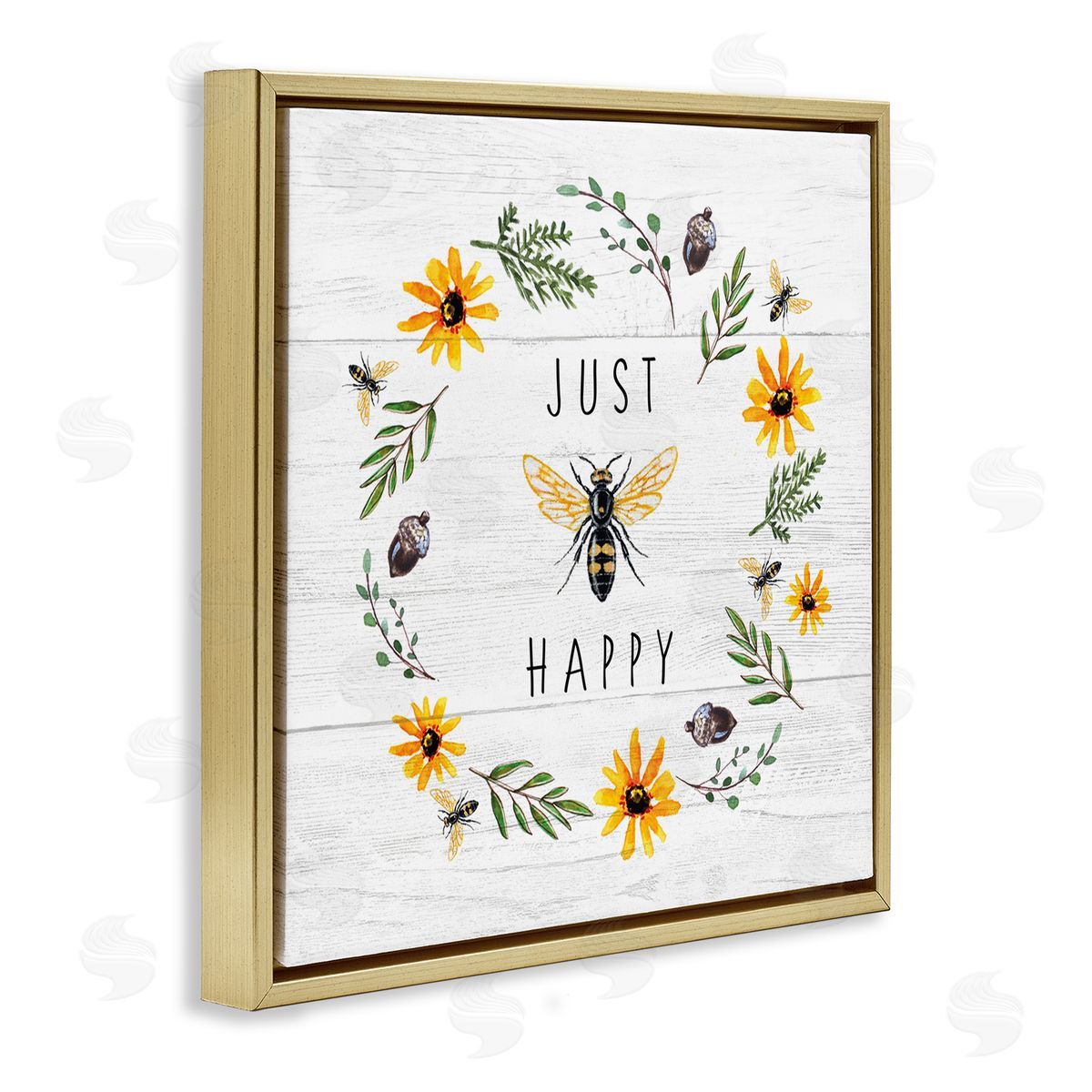 Elizabeth Tyndall Just Bee Happy Pun Phrase Yellow Daisy Wreath Gold Floating Frame Canvas Wall Art Print