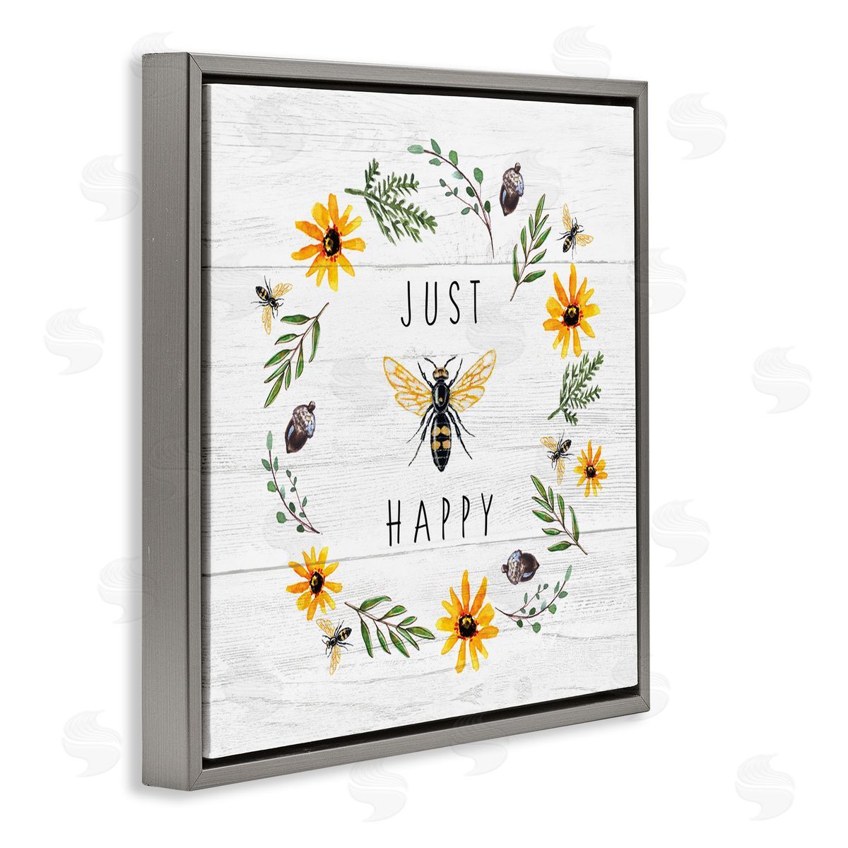 Elizabeth Tyndall Just Bee Happy Pun Phrase Yellow Daisy Wreath Gray Floating Frame Canvas Wall Art Print
