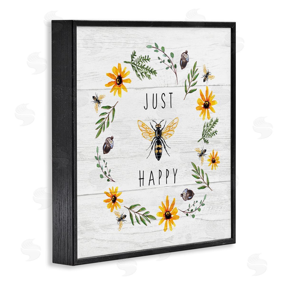 Elizabeth Tyndall Just Bee Happy Pun Phrase Yellow Daisy Wreath Black Framed Glicee Wall Art Print