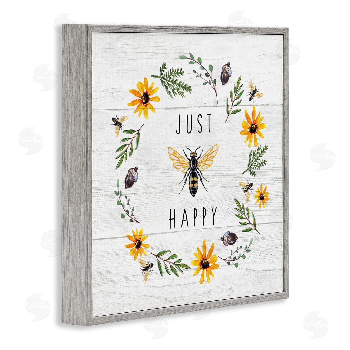 Elizabeth Tyndall Just Bee Happy Pun Phrase Yellow Daisy Wreath Gray Framed Glicee Wall Art Print