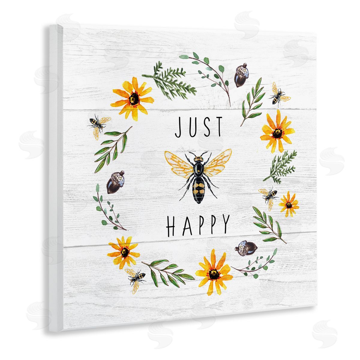 Elizabeth Tyndall Just Bee Happy Pun Phrase Yellow Daisy Wreath Wooden Wall Plaque Art Print