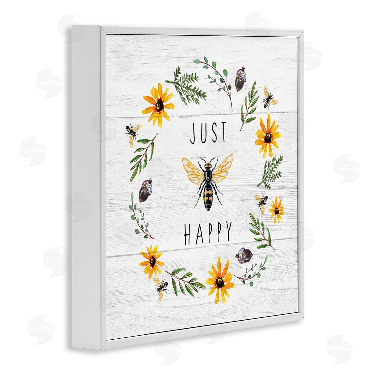 Elizabeth Tyndall Just Bee Happy Pun Phrase Yellow Daisy Wreath White Framed Glicee Wall Art Print
