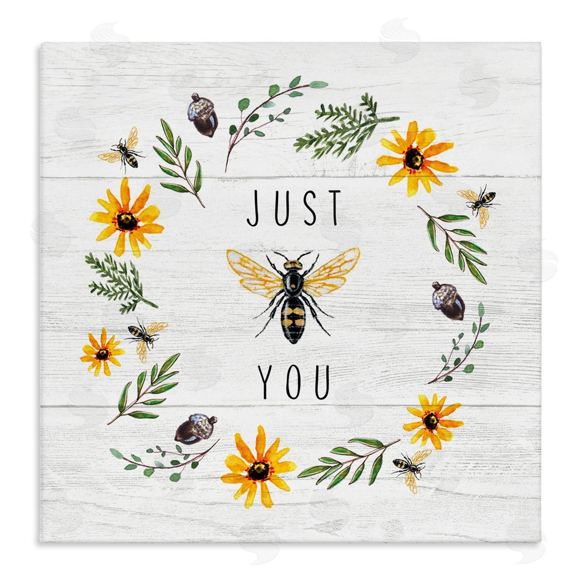 Elizabeth Tyndall Just Bee You Pun Phrase Yellow Daisy Wreath Stretched Canvas Wall Art Print