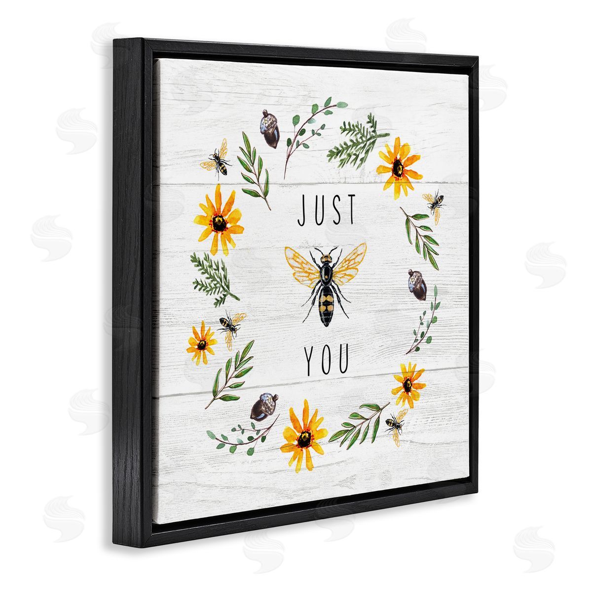 Elizabeth Tyndall Just Bee You Pun Phrase Yellow Daisy Wreath Black Floating Frame Canvas Wall Art Print