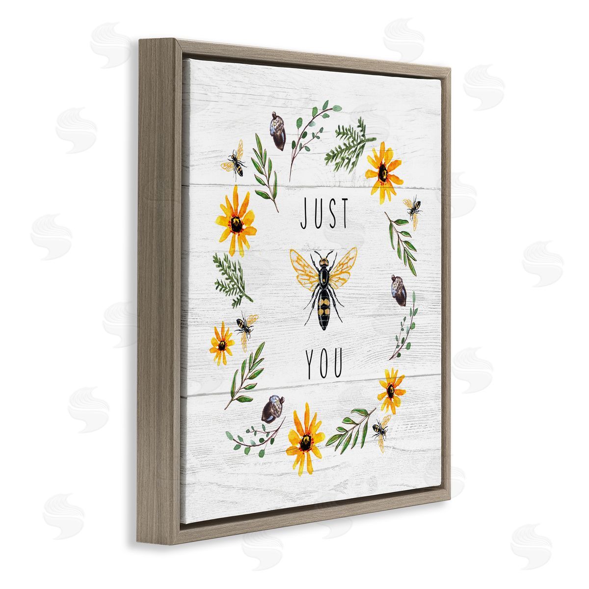 Elizabeth Tyndall Just Bee You Pun Phrase Yellow Daisy Wreath Brown Floating Frame Canvas Wall Art Print