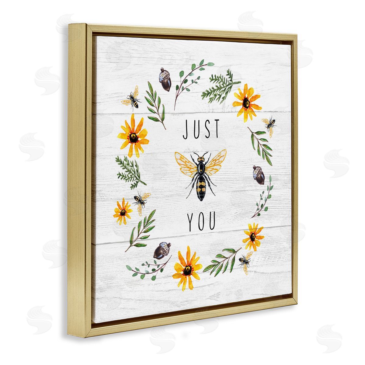 Elizabeth Tyndall Just Bee You Pun Phrase Yellow Daisy Wreath Gold Floating Frame Canvas Wall Art Print