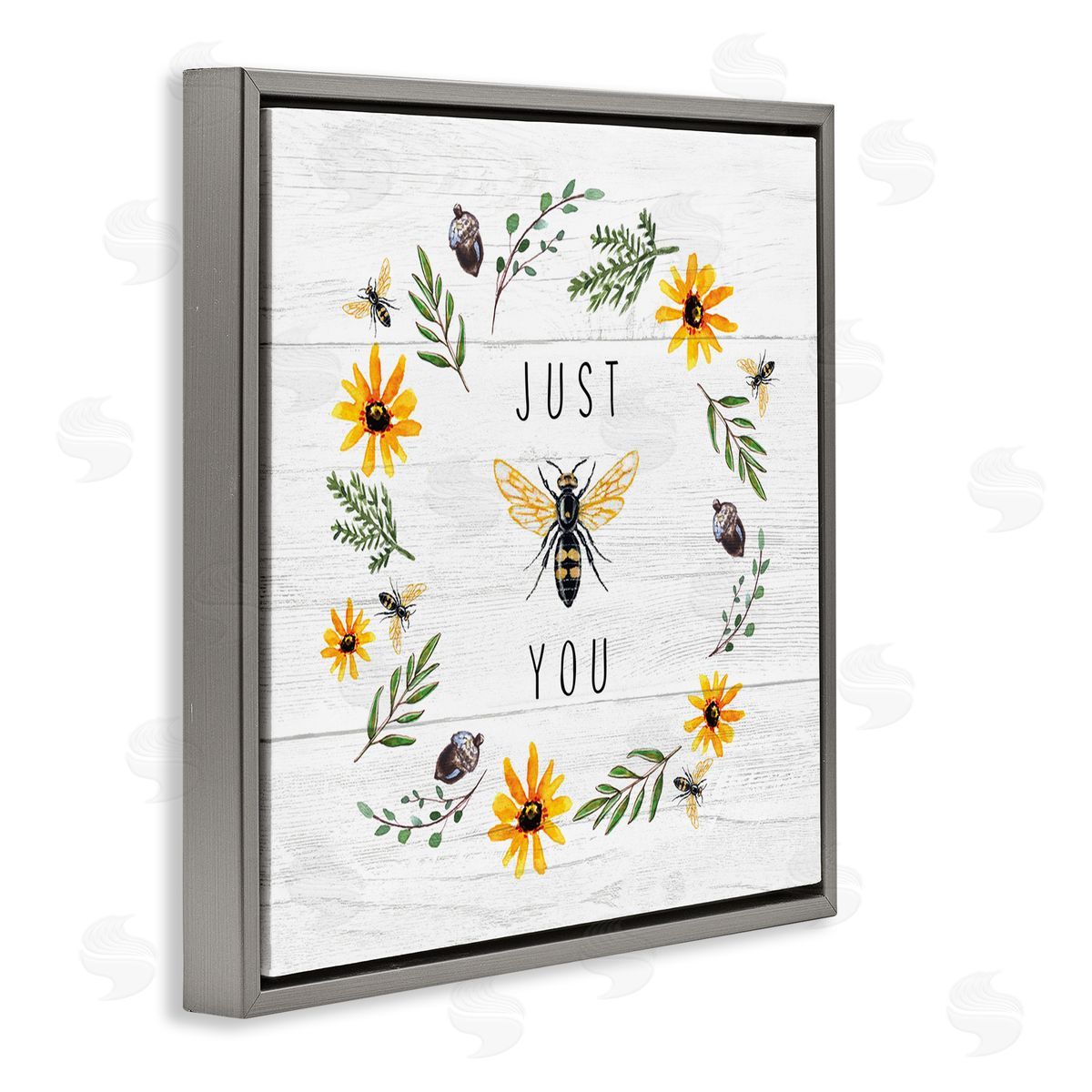 Elizabeth Tyndall Just Bee You Pun Phrase Yellow Daisy Wreath Gray Floating Frame Canvas Wall Art Print
