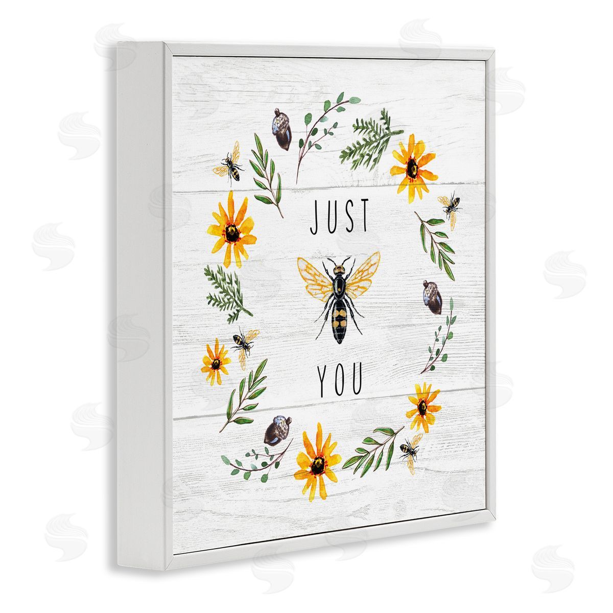 Elizabeth Tyndall Just Bee You Pun Phrase Yellow Daisy Wreath White Framed Glicee Wall Art Print