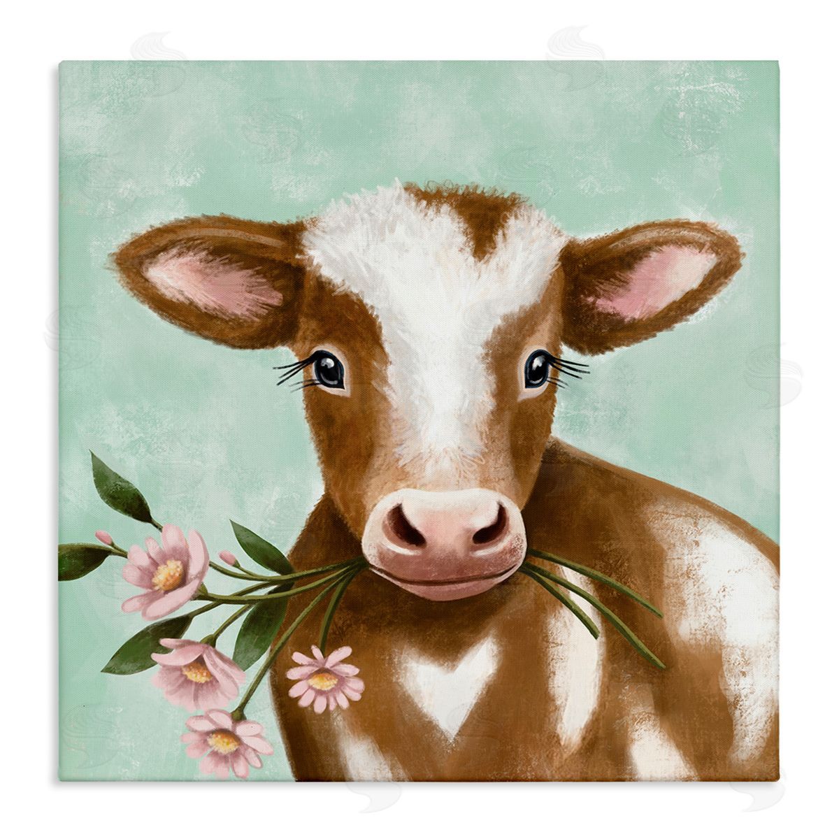 Elizabeth Tyndall Baby Brown Cow Soft Eyes Pink Daisy Florals Stretched Canvas Wall Art Print