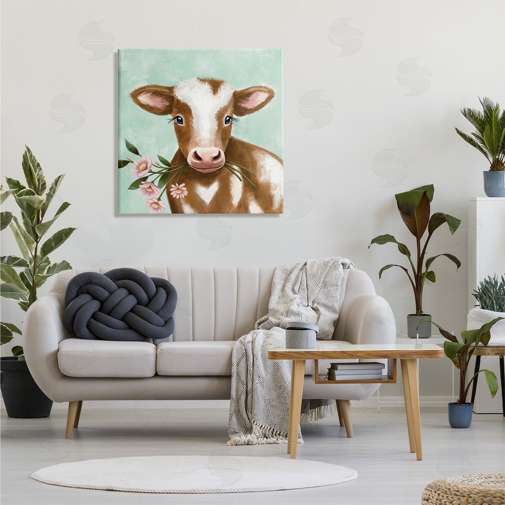 Elizabeth Tyndall Baby Brown Cow Soft Eyes Pink Daisy Florals Canvas Wall Art in Room
