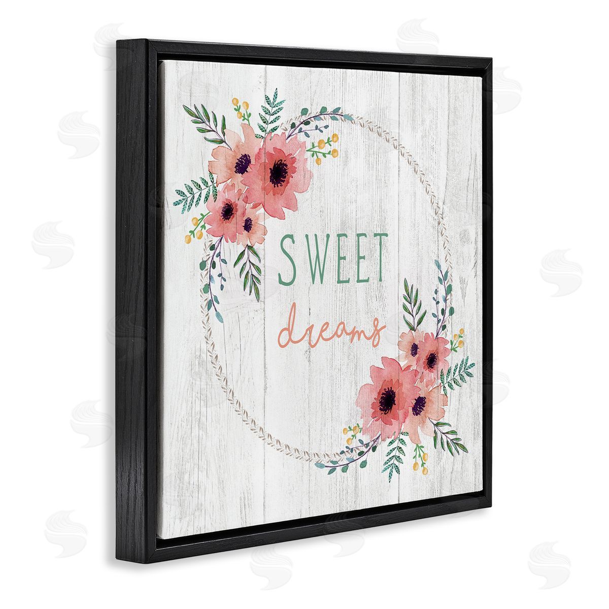 Elizabeth Tyndall Sweet Dreams Sentiments Blushing Pink Poppy Wreath Black Floating Frame Canvas Wall Art Print