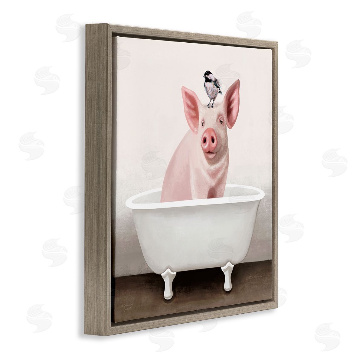 Elizabeth Tyndall Cottage Pink Pig with Sparrow Perched in Tub  Brown Floating Frame Canvas Wall Art Print