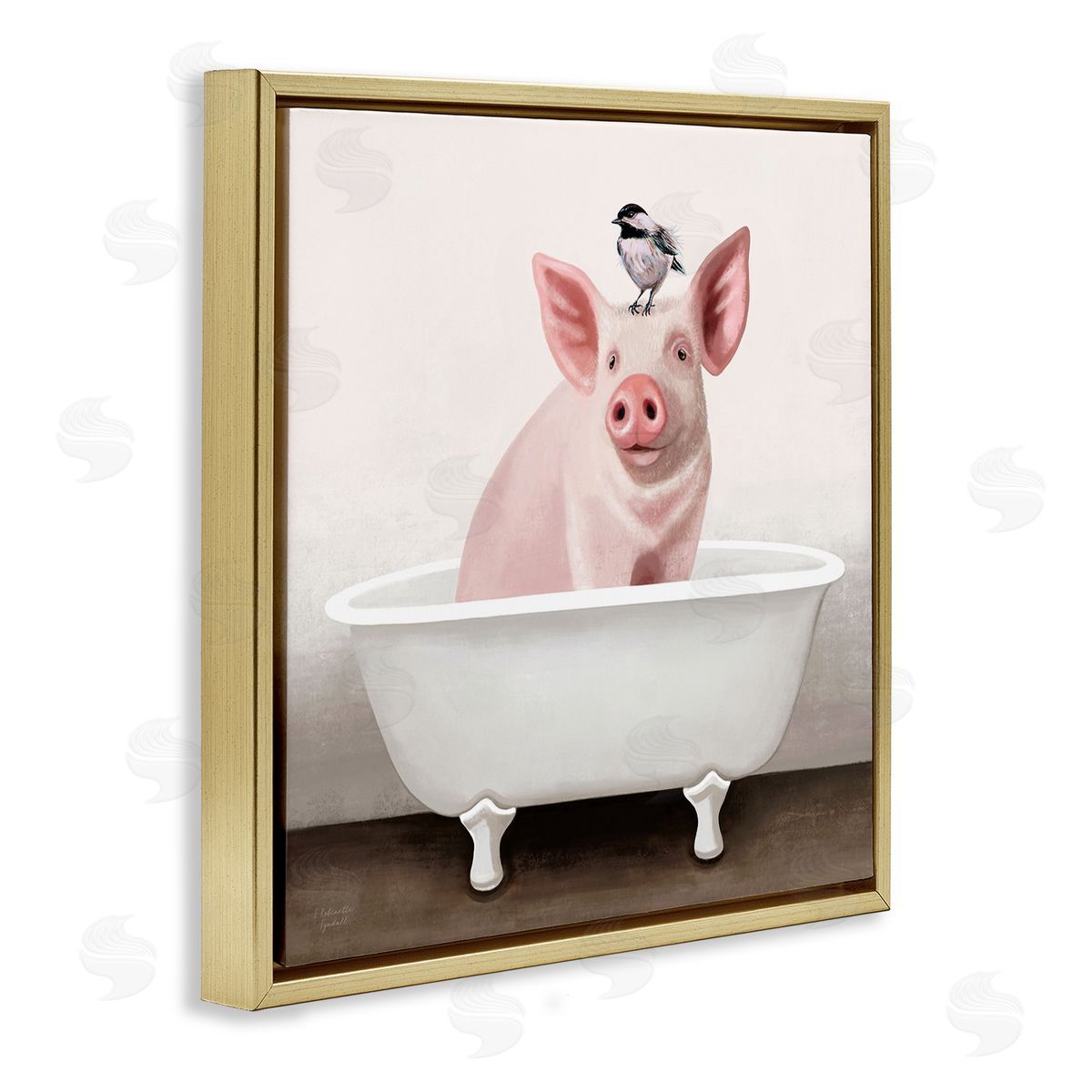 Elizabeth Tyndall Cottage Pink Pig with Sparrow Perched in Tub  Gold Floating Frame Canvas Wall Art Print