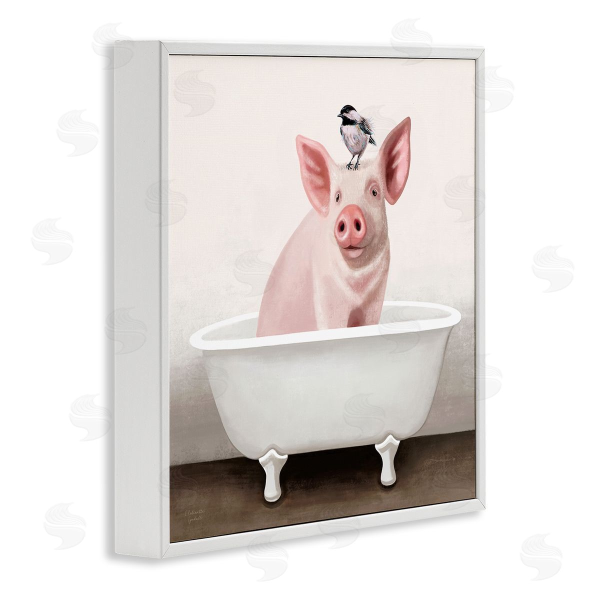 Elizabeth Tyndall Cottage Pink Pig with Sparrow Perched in Tub  White Framed Glicee Wall Art Print