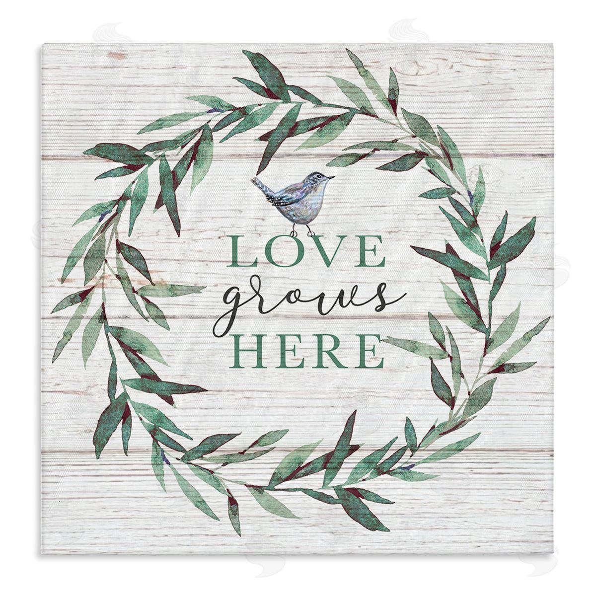 Elizabeth Tyndall Love Grows Here Sentiment Green Fern Wreath Blue Warbler Stretched Canvas Wall Art Print