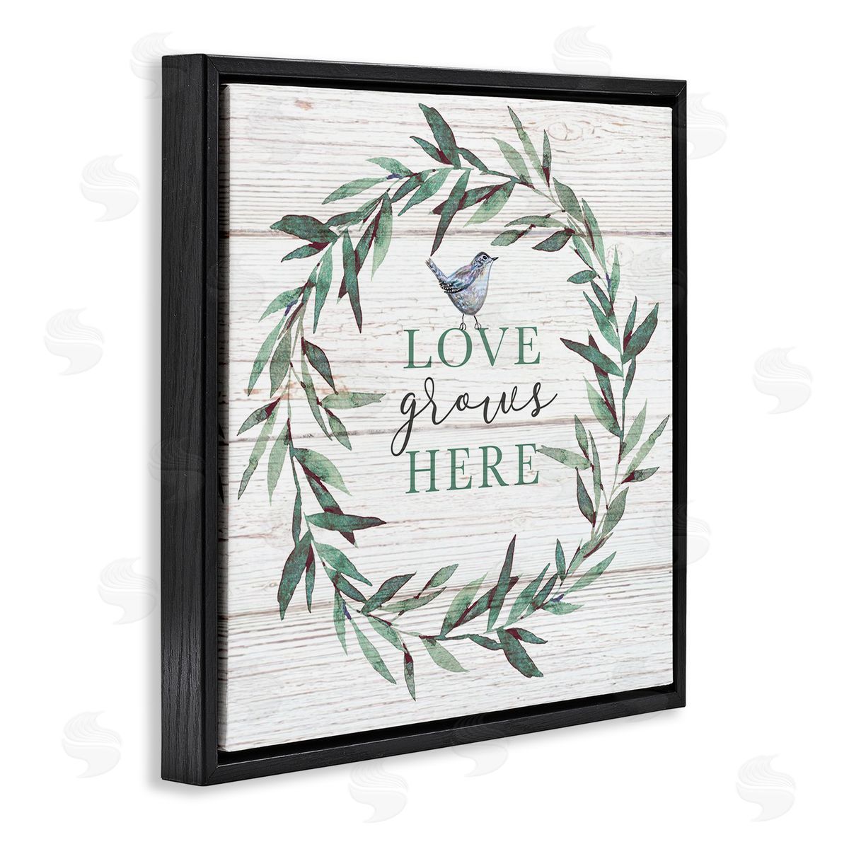Elizabeth Tyndall Love Grows Here Sentiment Green Fern Wreath Blue Warbler Black Floating Frame Canvas Wall Art Print