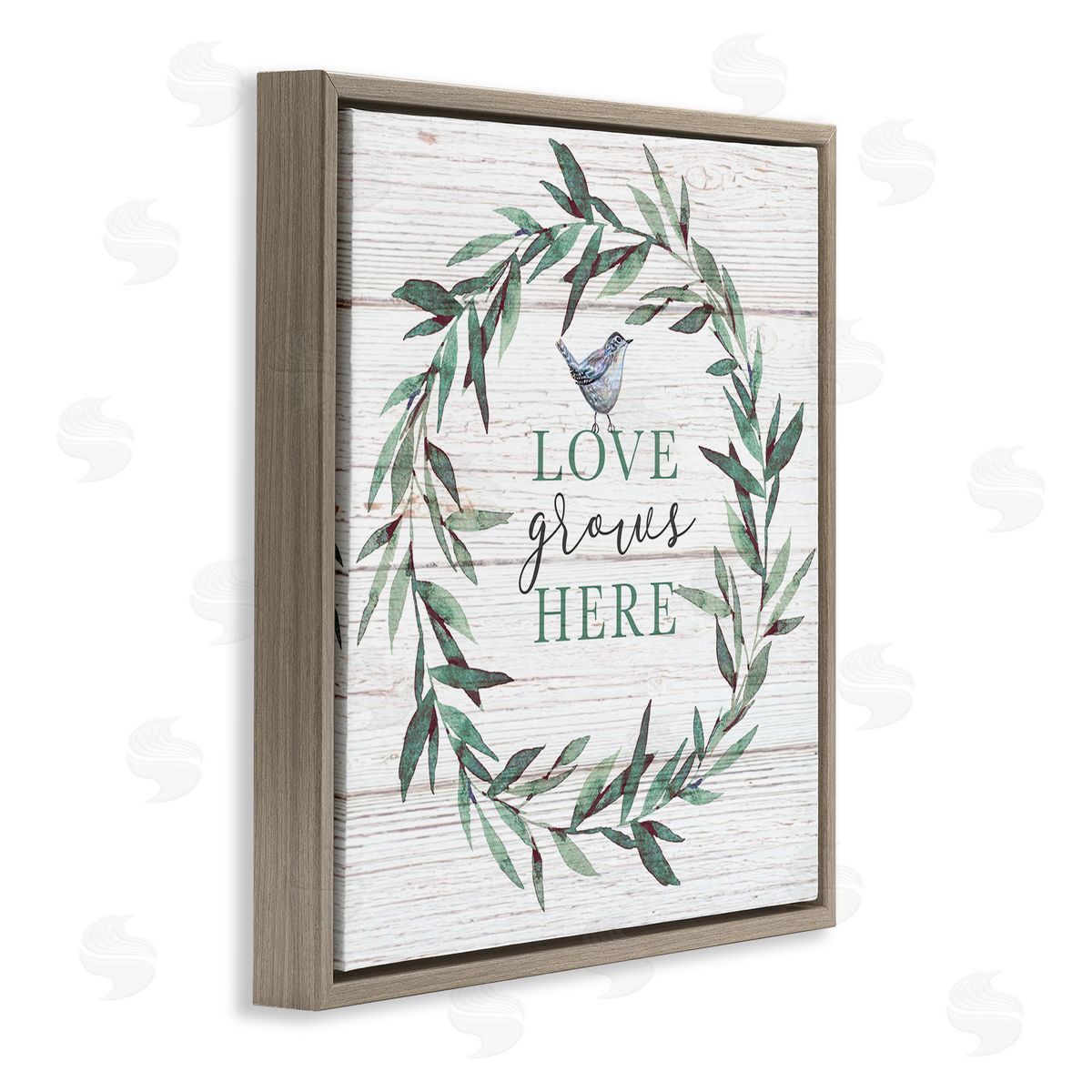 Elizabeth Tyndall Love Grows Here Sentiment Green Fern Wreath Blue Warbler Brown Floating Frame Canvas Wall Art Print
