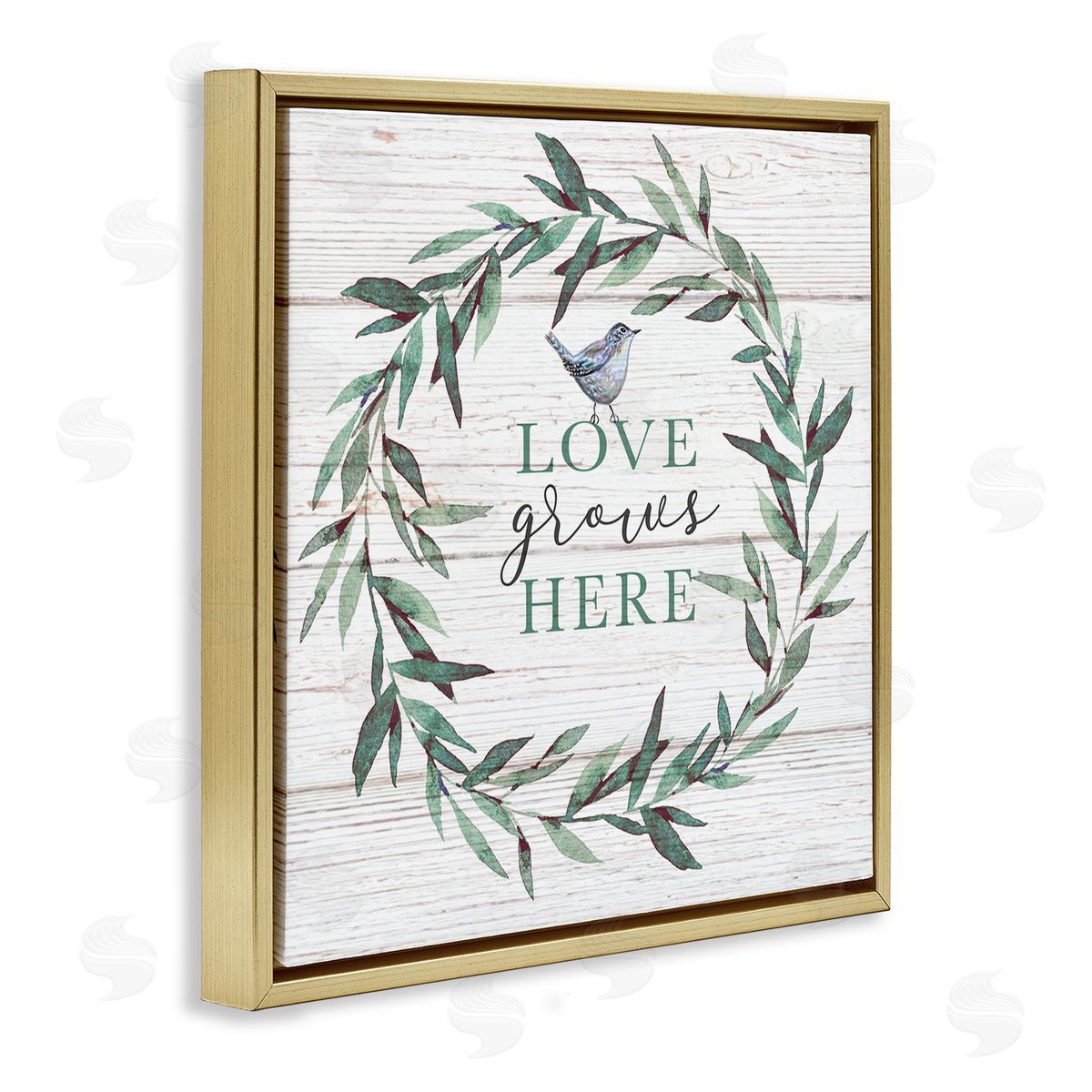 Elizabeth Tyndall Love Grows Here Sentiment Green Fern Wreath Blue Warbler Gold Floating Frame Canvas Wall Art Print