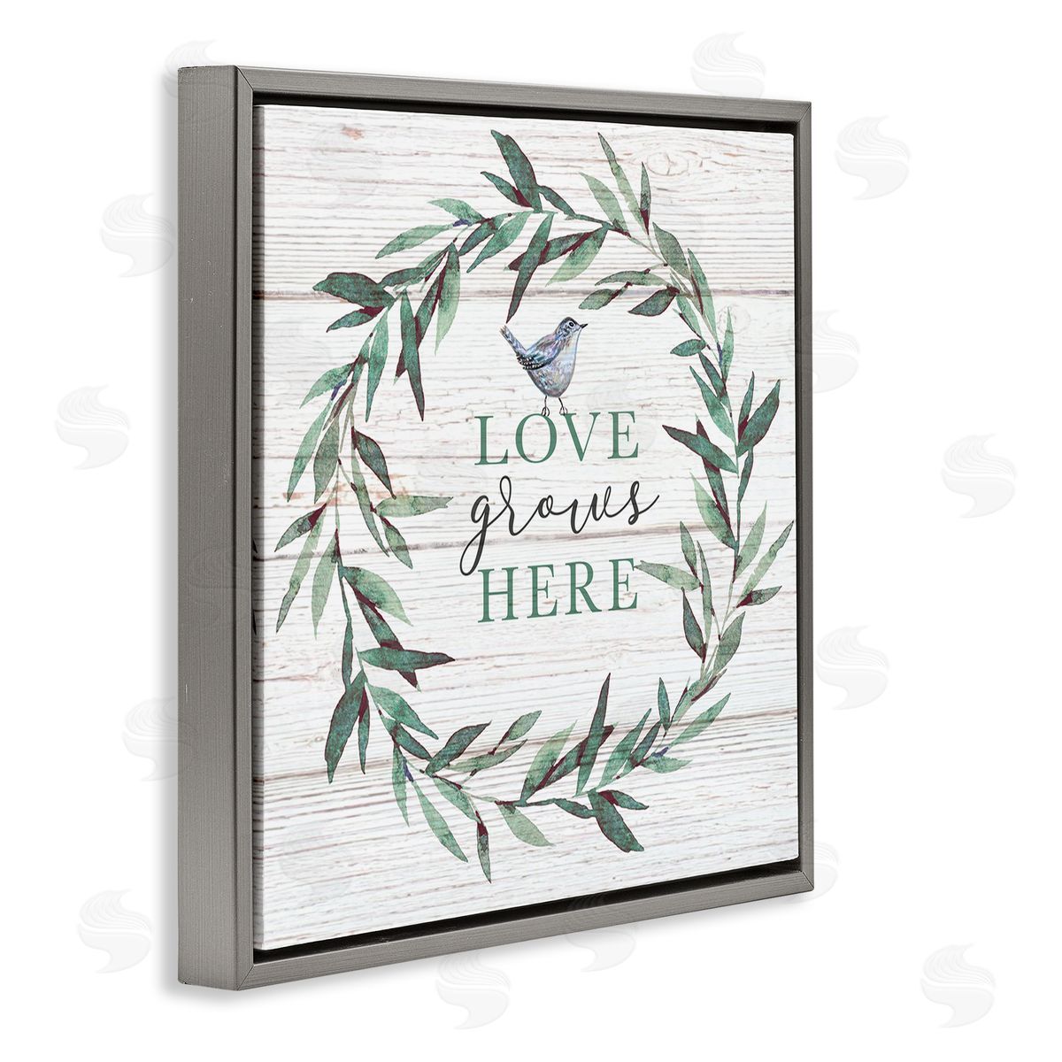 Elizabeth Tyndall Love Grows Here Sentiment Green Fern Wreath Blue Warbler Gray Floating Frame Canvas Wall Art Print