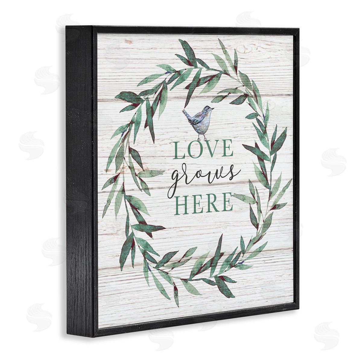 Elizabeth Tyndall Love Grows Here Sentiment Green Fern Wreath Blue Warbler Black Framed Glicee Wall Art Print