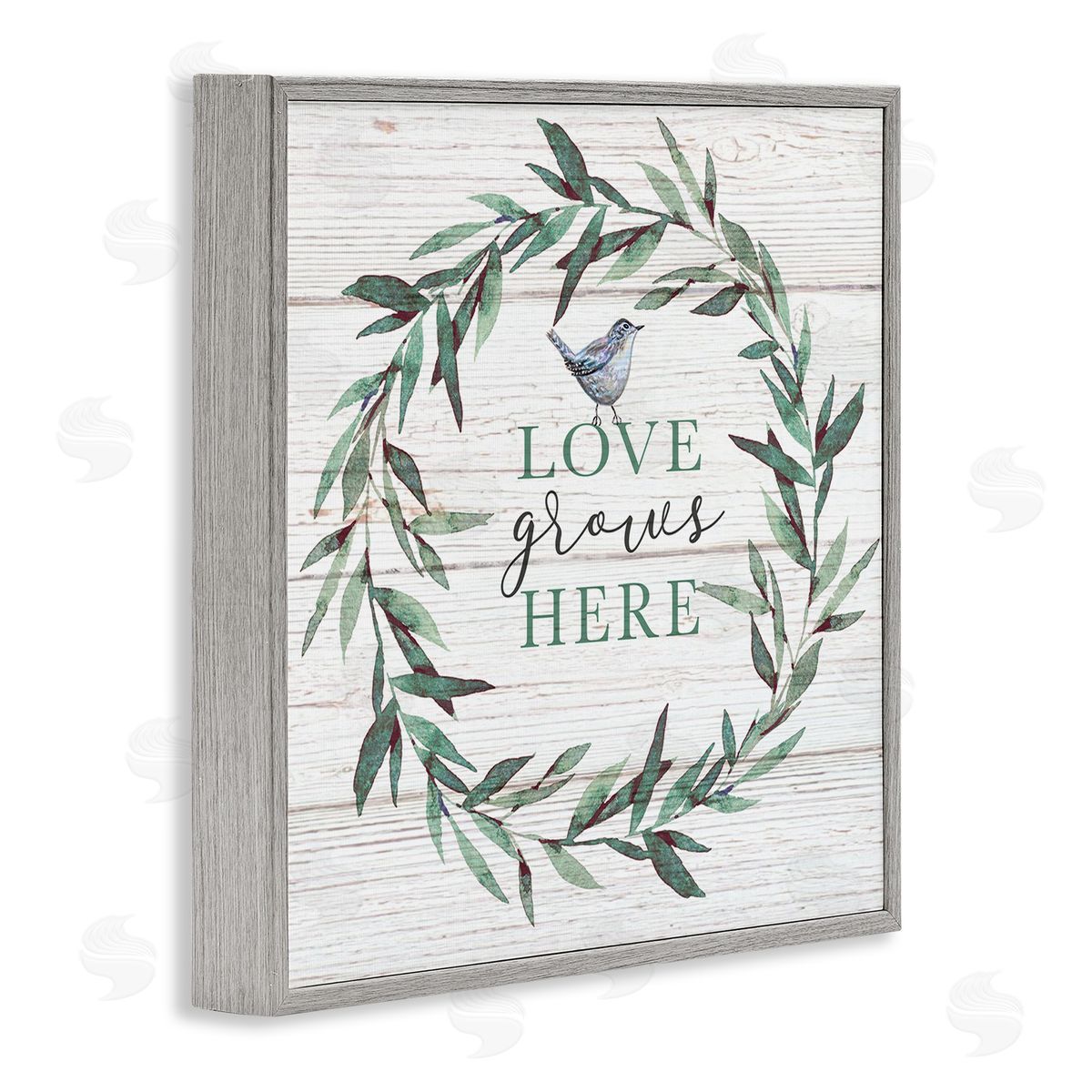 Elizabeth Tyndall Love Grows Here Sentiment Green Fern Wreath Blue Warbler Gray Framed Glicee Wall Art Print
