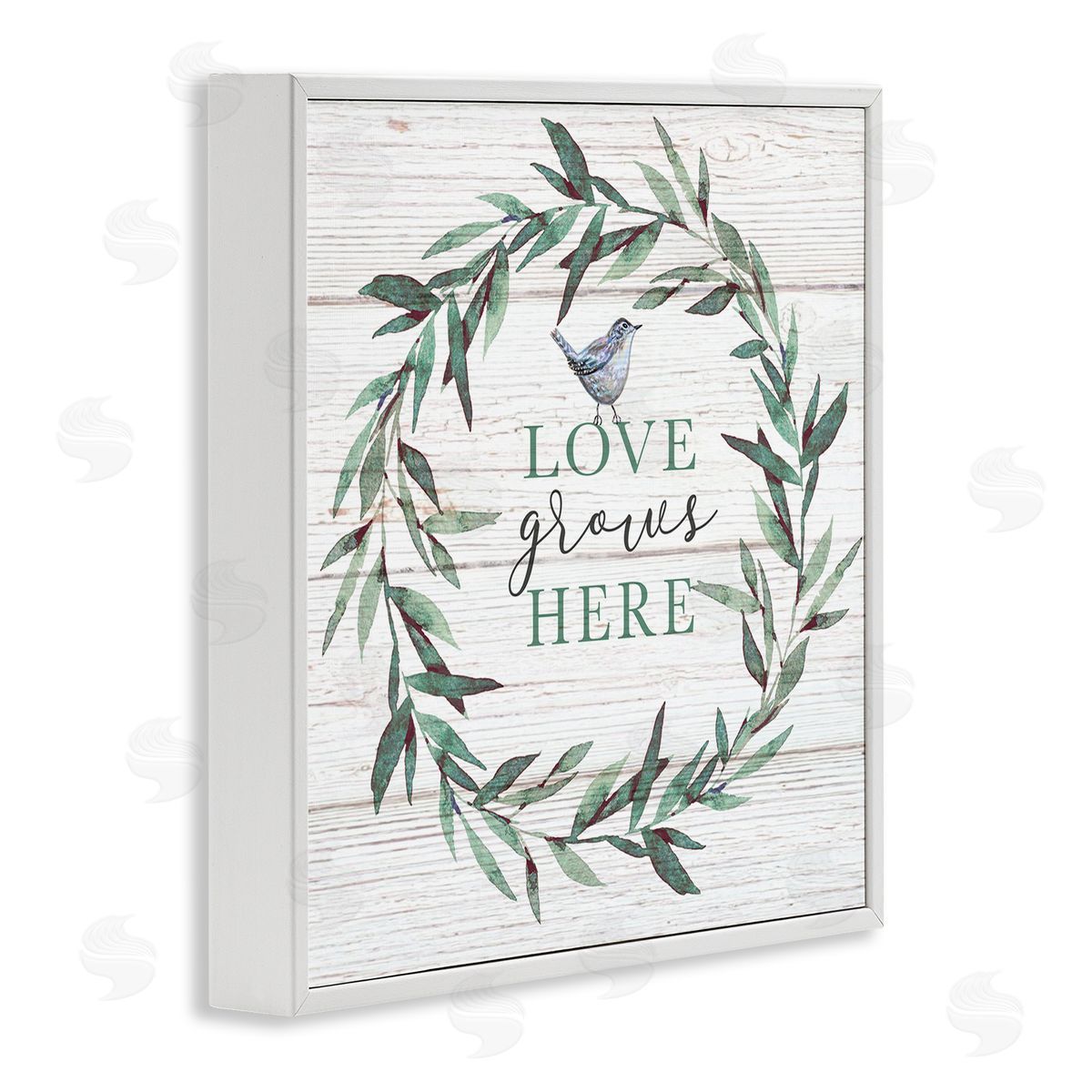 Elizabeth Tyndall Love Grows Here Sentiment Green Fern Wreath Blue Warbler White Framed Glicee Wall Art Print