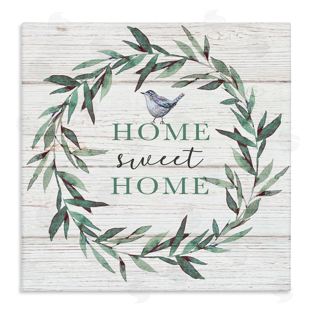 Elizabeth Tyndall Home Sweet Home Sentiment Green Fern Wreath Blue Bird Stretched Canvas Wall Art Print