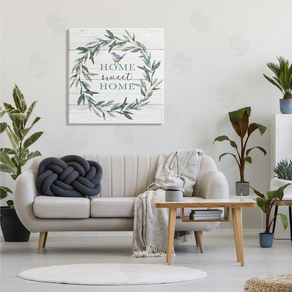 Elizabeth Tyndall Home Sweet Home Sentiment Green Fern Wreath Blue Bird Canvas Wall Art in Room