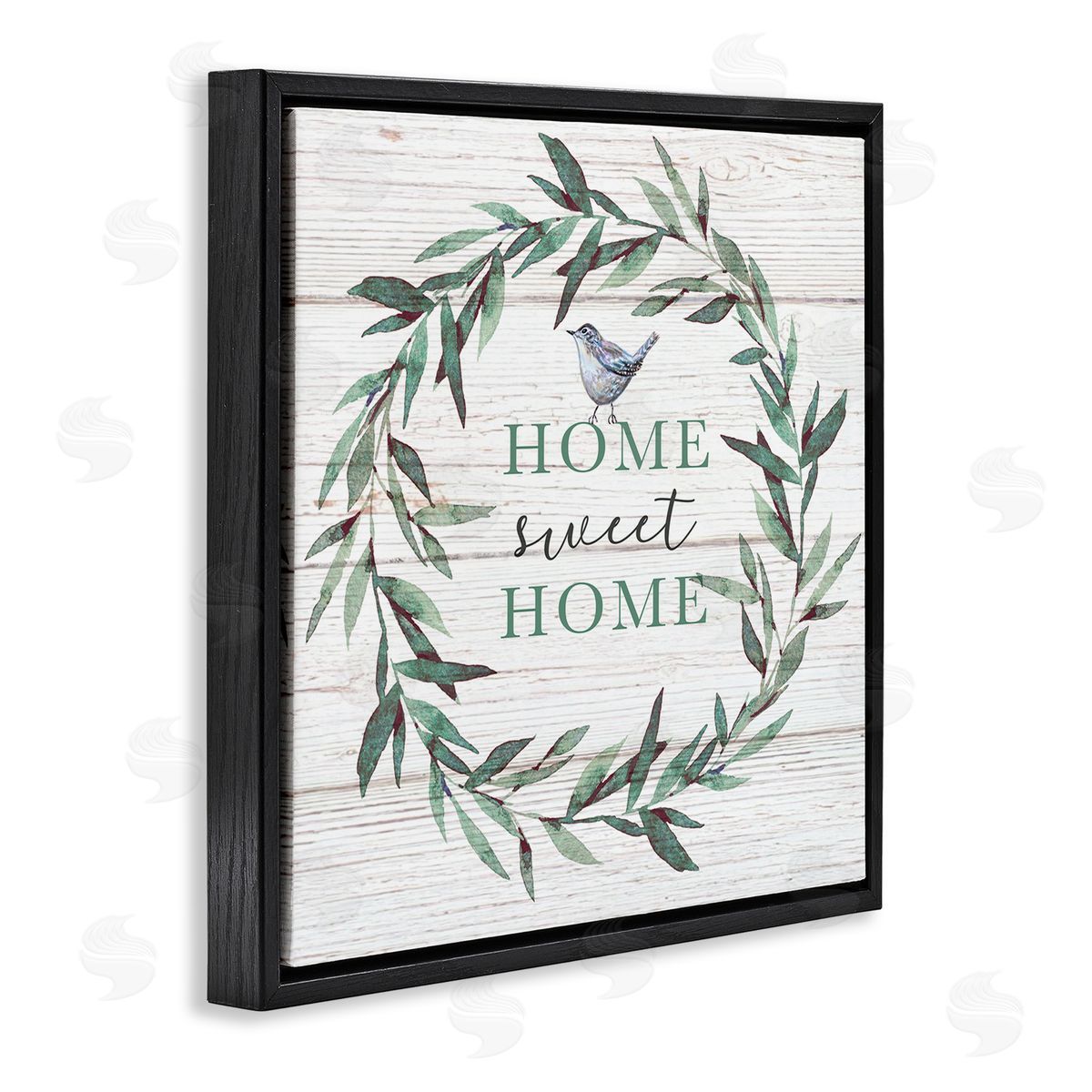 Elizabeth Tyndall Home Sweet Home Sentiment Green Fern Wreath Blue Bird Black Floating Frame Canvas Wall Art Print