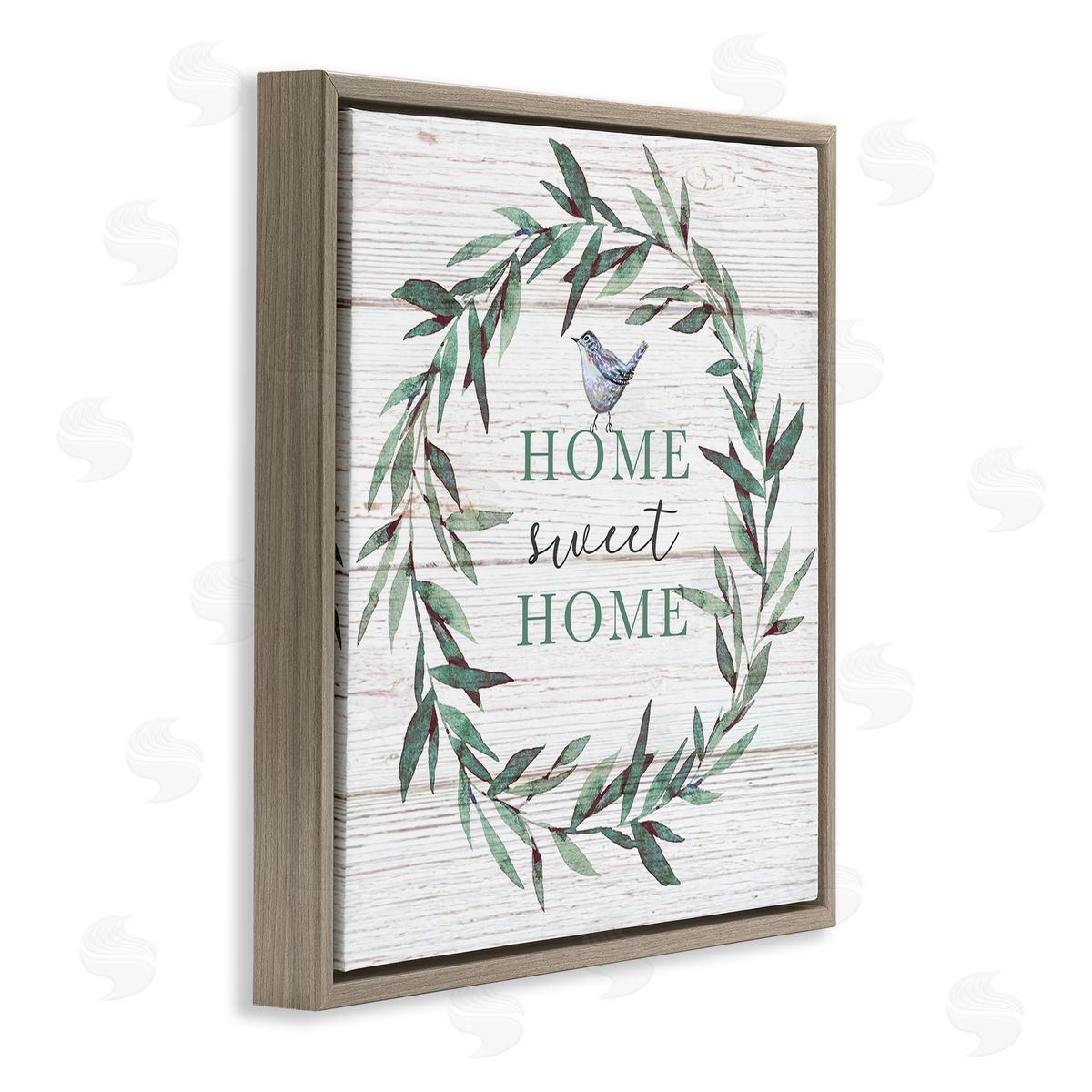 Elizabeth Tyndall Home Sweet Home Sentiment Green Fern Wreath Blue Bird Brown Floating Frame Canvas Wall Art Print
