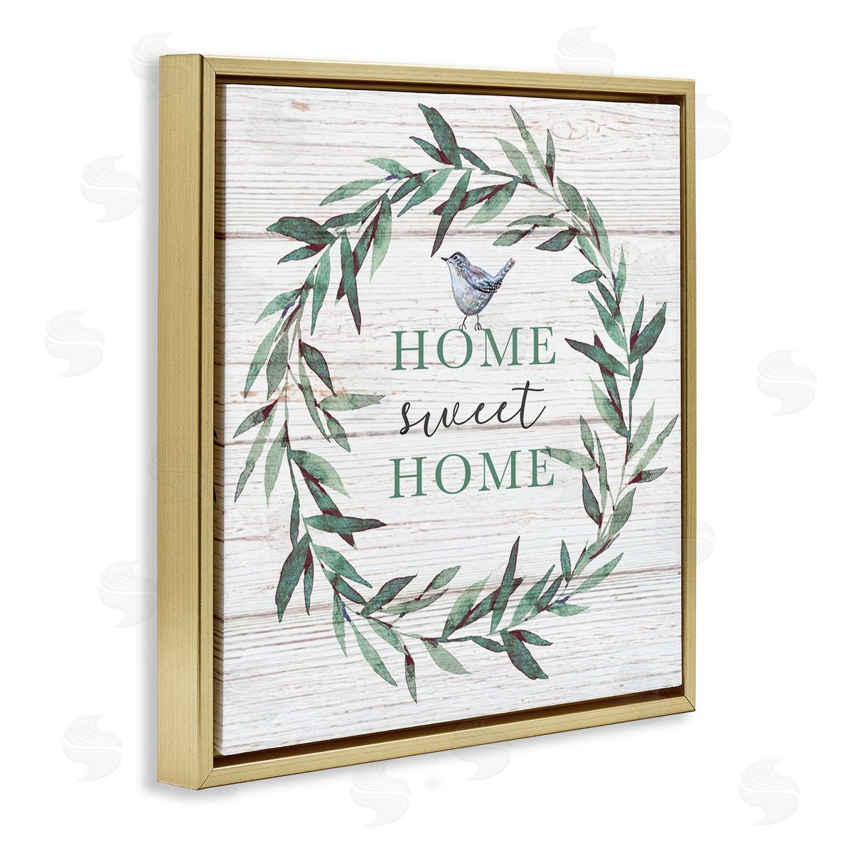 Elizabeth Tyndall Home Sweet Home Sentiment Green Fern Wreath Blue Bird Gold Floating Frame Canvas Wall Art Print
