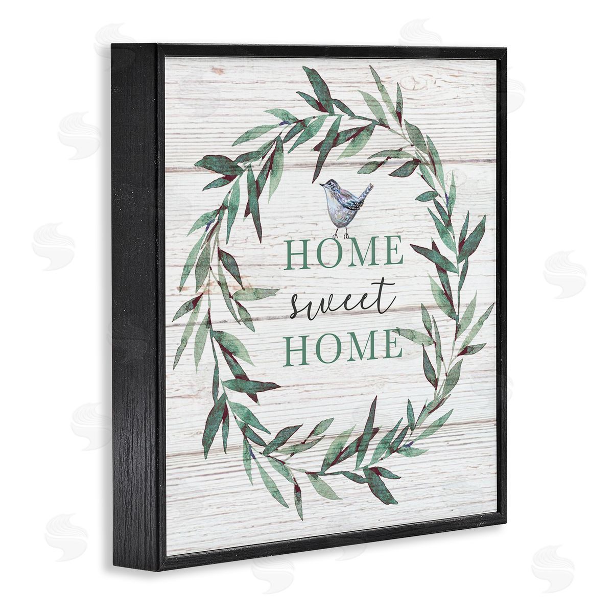 Elizabeth Tyndall Home Sweet Home Sentiment Green Fern Wreath Blue Bird Black Framed Glicee Wall Art Print