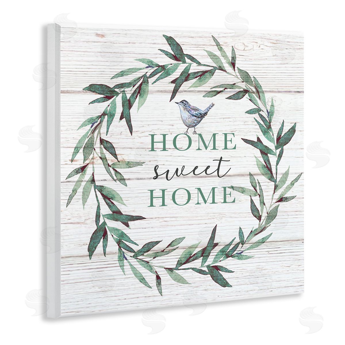 Elizabeth Tyndall Home Sweet Home Sentiment Green Fern Wreath Blue Bird Wooden Wall Plaque Art Print