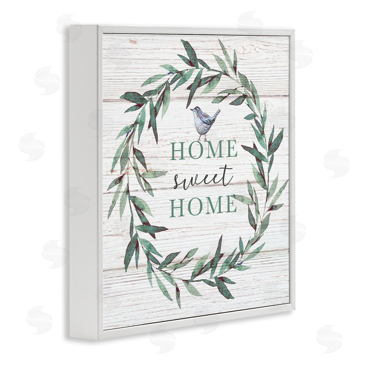 Elizabeth Tyndall Home Sweet Home Sentiment Green Fern Wreath Blue Bird White Framed Glicee Wall Art Print