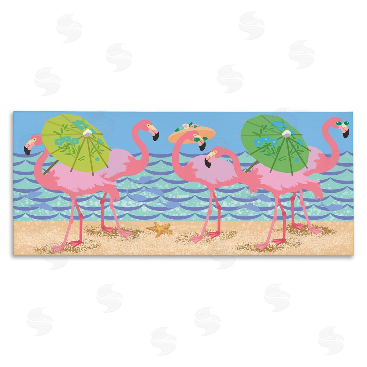Sally Springer Griffith Pink Flamingos with Floral Umbrellas Beach Waves