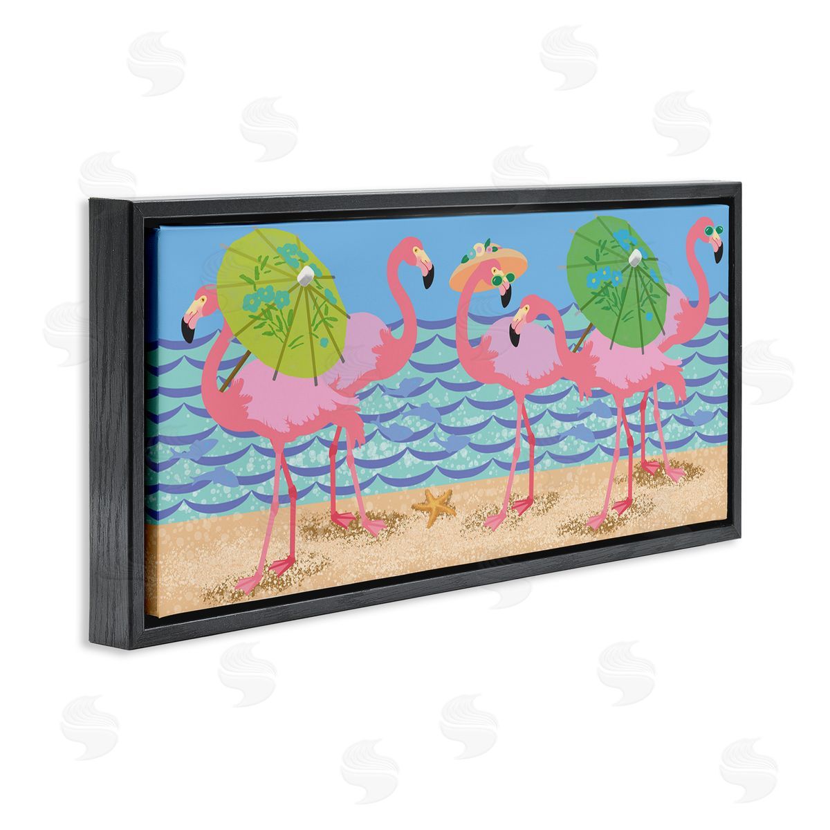 Sally Springer Griffith Pink Flamingos with Floral Umbrellas Beach Waves