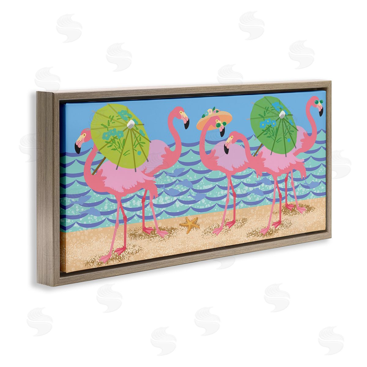 Sally Springer Griffith Pink Flamingos with Floral Umbrellas Beach Waves