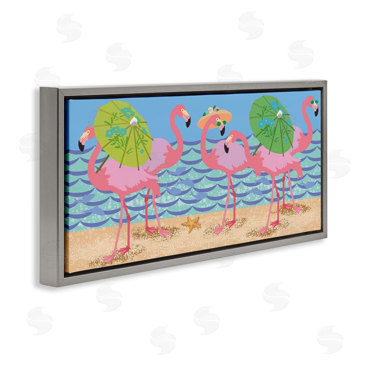 Sally Springer Griffith Pink Flamingos with Floral Umbrellas Beach Waves