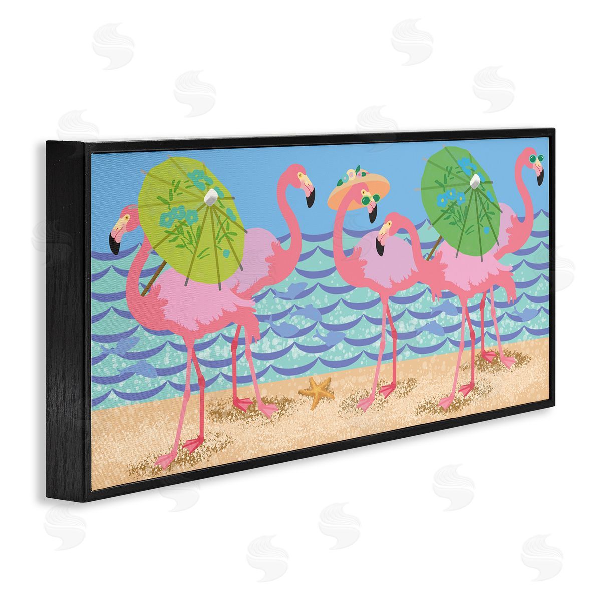 Sally Springer Griffith Pink Flamingos with Floral Umbrellas Beach Waves