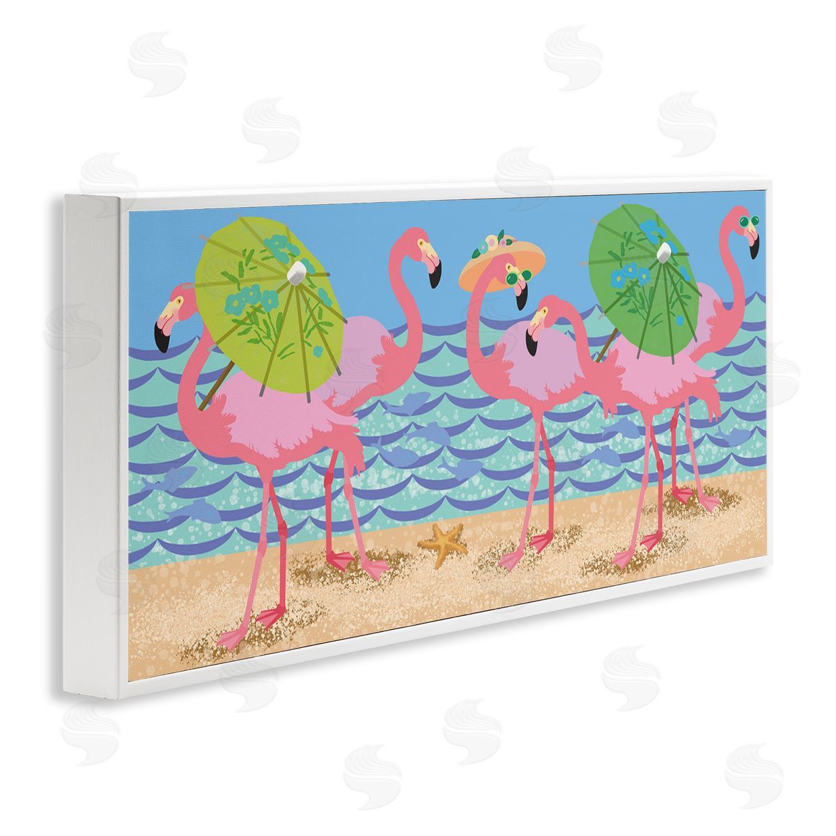 Sally Springer Griffith Pink Flamingos with Floral Umbrellas Beach Waves